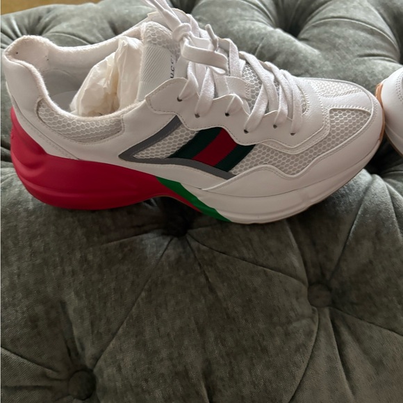Gucci White/Red Leather and Mesh Rhyton Low Top Sneakers Size Men 7.5 - Picture 6 of 7